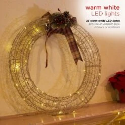 Alpine Hanging Christmas Wreath Decoration With Warm White LED Lights, Gold -Northlight Shop alpine christmas novelty lights cim227hh l 1d 1000