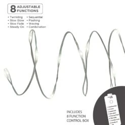 60-Light Pure White 8-Function Fairy Lights, Silver Wire