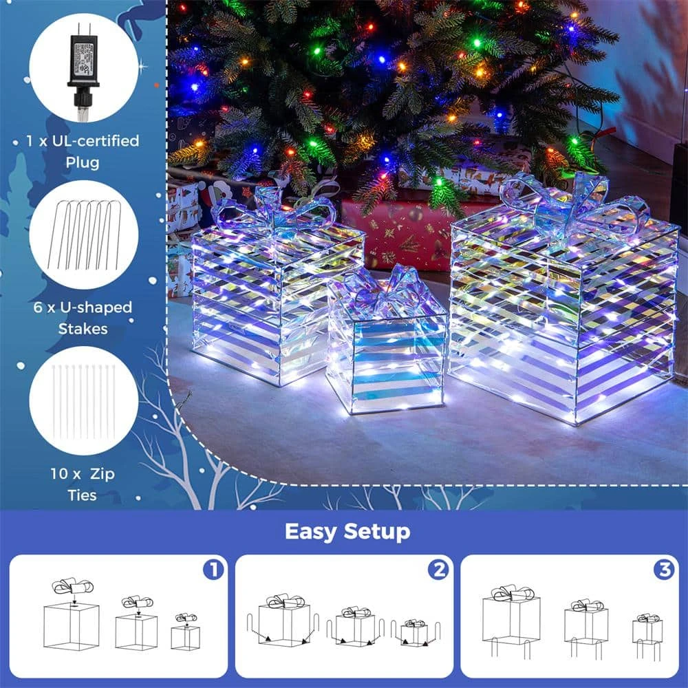 3-Pieces 90-Count LED Lighted White Christmas Gift Boxes Decorations 5 3-Pieces 90-Count LED Lighted White Christmas Gift Boxes Decorations - Image 5