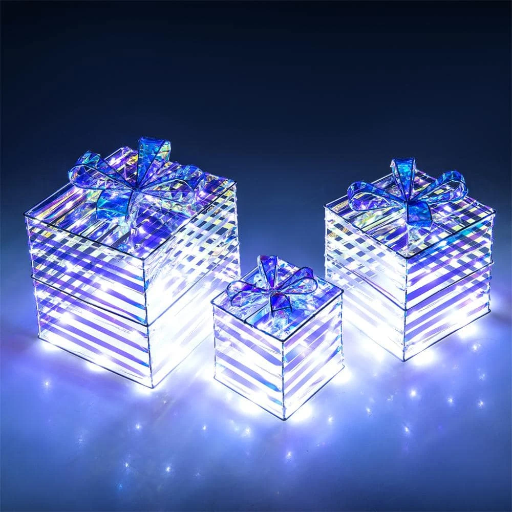 3-Pieces 90-Count LED Lighted White Christmas Gift Boxes Decorations 9 3-Pieces 90-Count LED Lighted White Christmas Gift Boxes Decorations - Image 9