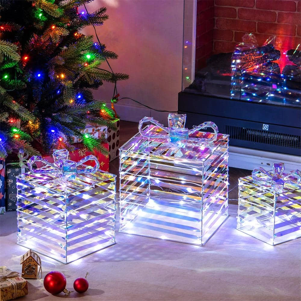 3-Pieces 90-Count LED Lighted White Christmas Gift Boxes Decorations 6 3-Pieces 90-Count LED Lighted White Christmas Gift Boxes Decorations - Image 6
