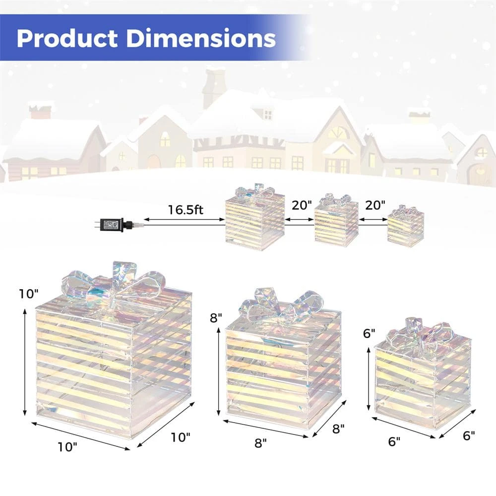 3-Pieces 90-Count LED Lighted White Christmas Gift Boxes Decorations 8 3-Pieces 90-Count LED Lighted White Christmas Gift Boxes Decorations - Image 8