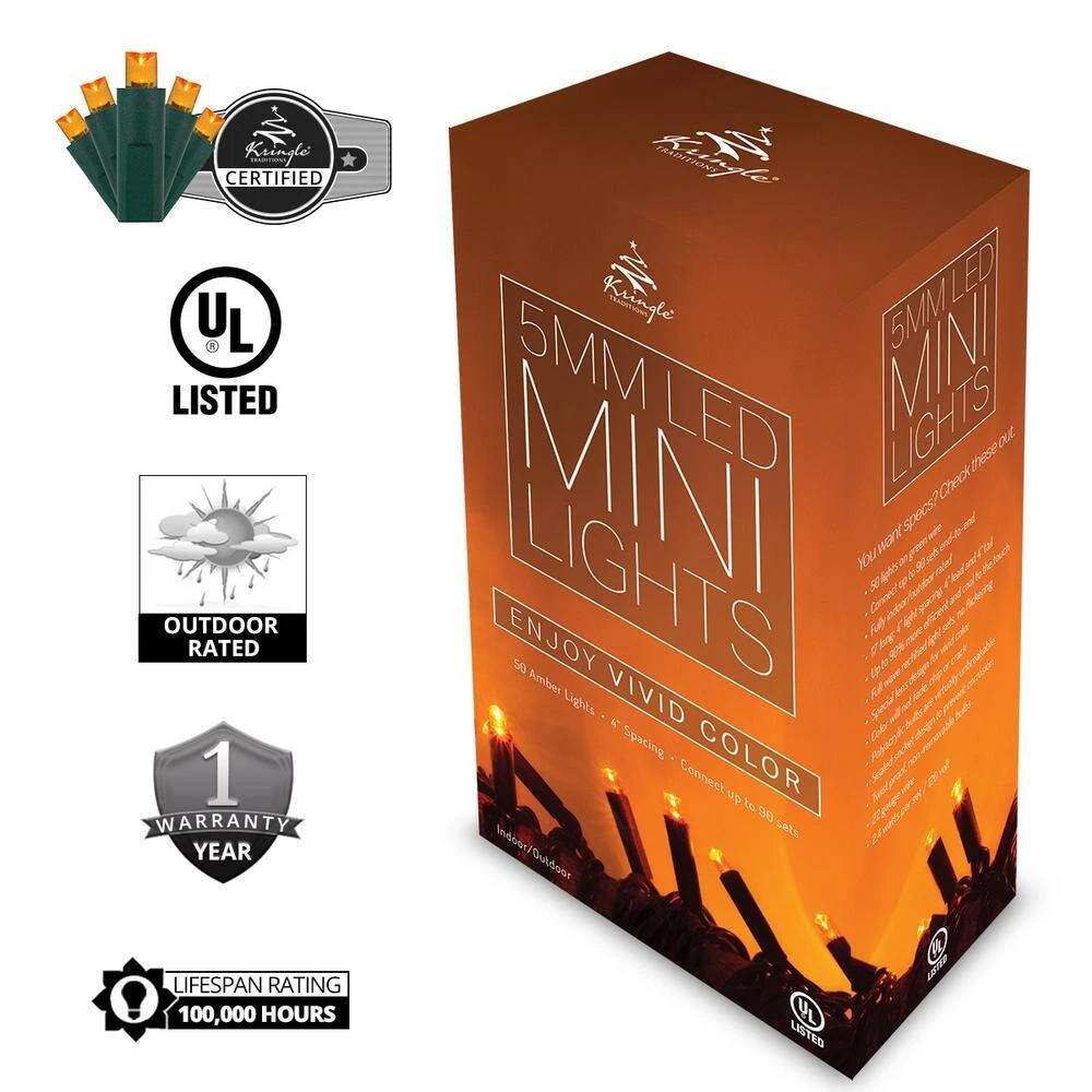 17 Ft. 50-Light Amber/Orange 5 Mm LED Mini Light Set 2 17 Ft. 50-Light Amber/Orange 5 Mm LED Mini Light Set - Image 2
